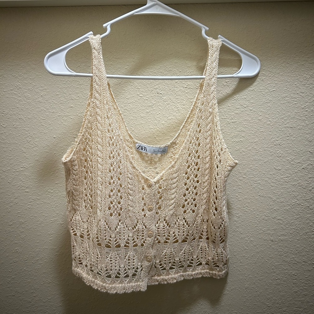 Zara Cream Ribbed Cropped Tank Top